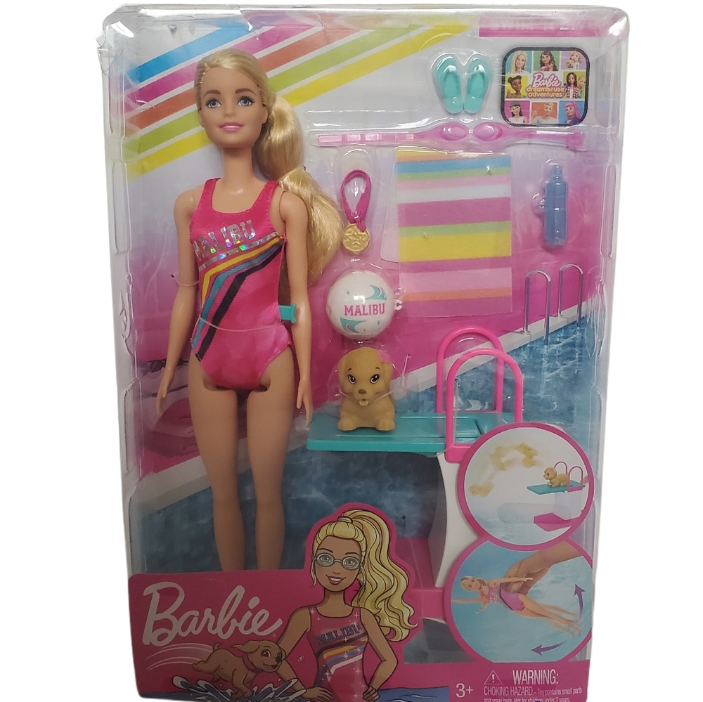 New in Box Mattel Swim N' Dive Barbie Doll With Dog And Accessories